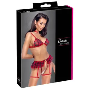 Apakšveļas komplekts cottelli collection 22156163031 — bezstieņu krūšturis, bezšuvju aizvērts mantu stringi-ar pielāgojamu piekārtni, regulējams kaklasaite, sarkana rūtainība, 90% poliesters/10% spandekss