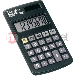 Pocket calculator VECTOR DK-055 — black, 8-digit display, 24 keys, battery/solar, plastic housing, cover