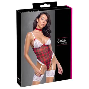Cottelli Collection suspender body with choker, plaid design, wireless lace cups, thong, sizes L