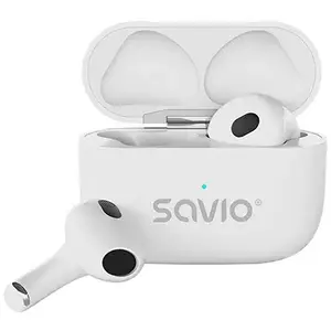 SAVIO in-ear bezvadu austiņas TWS-01 PRO — baltas, Bluetooth 5.4, IPX2, iebūvēts mikrofons, USB‑C kastīte, 20 Hz–20 kHz, 32 Ω