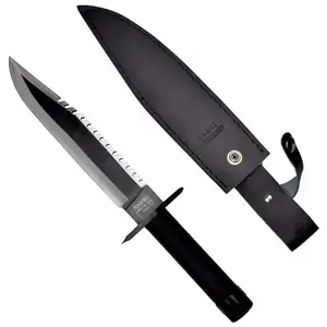 Fiksēta asmens izdzīvošanas nazis cinema classic Rambo I CC-H1 — kopējais garums 360 mm, zāģpierādīts tērauda asmens 225 mm, melnas ādas maksts