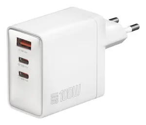 Universāls 4smarts Pocket 100W tīkla lādētājs ar GaN tehnoloģiju, 2x USB Type-C un 1x USB A pieslēgvietām, ātro uzlādi, balts un sudraba