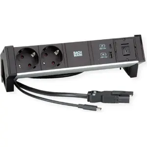 Блок розеток Bachmann DESK2 ALU BLACK — настольный модуль с 2x CEE7/3, кабель 1.0 м, 1x USB-зарядка 22W