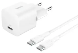 Belkin BoostCharge WCA012KQ1MWH-B6 telpu maiņstrāvas ātrais lādētājs viedtālrunim, planšetdatoram un portatīvajai spēļu konsolei ar USB Type-C portu un 1 m kabeli, balts