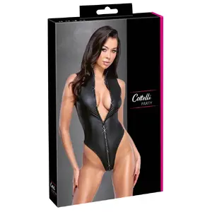 Body Cottelli Collection L Rhinestone Zip Black — matte-look stretch body with rhinestone front zipper, thong, high-leg cut, size L