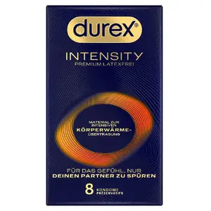 Condoms Durex Intensity pack of 8 — ultra-thin nitrile, ribbed, lubricated, nominal width 56 mm