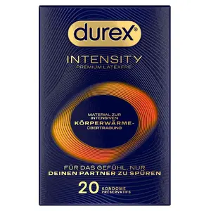 Condoms Durex Intensity pack of 20 — nitrile ultra-thin, ribbed, nominal width 56 mm