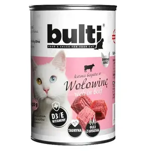 Влажный корм для кошек BULT Rich in beef 400 г — полноценный консервированный корм для взрослых, 77% влаги, 9% белка, без глютена и сои