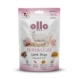 Лакомство для собак OLLO Air-Dried Skin & Coat Lamb Strips 80 г — сушёные полоски ягнёнка, гипоаллергенно, для кожи и шерсти