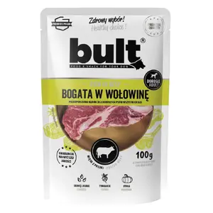 Mitrs suņu barība BULT Rich in beef 100 g — pilnvērtīga barība pieaugušiem suņiem, 11% olbaltumvielu, 6,5% tauku, 78% mitrums