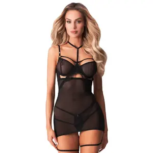 Пеньюар (неглиже) Obsessive Arrowel, чёрный, размер 2XL/3XL, powernet с кружевом, чашки с косточками, регулируемый чокер и бретели, пришитые подтяжки