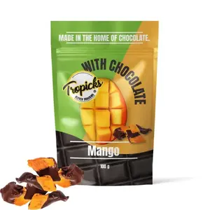 Žāvēts mango ar šokolādi Tropicks 100 g — uzkoda, žāvēti augļi ar šokolādes pārklājumu