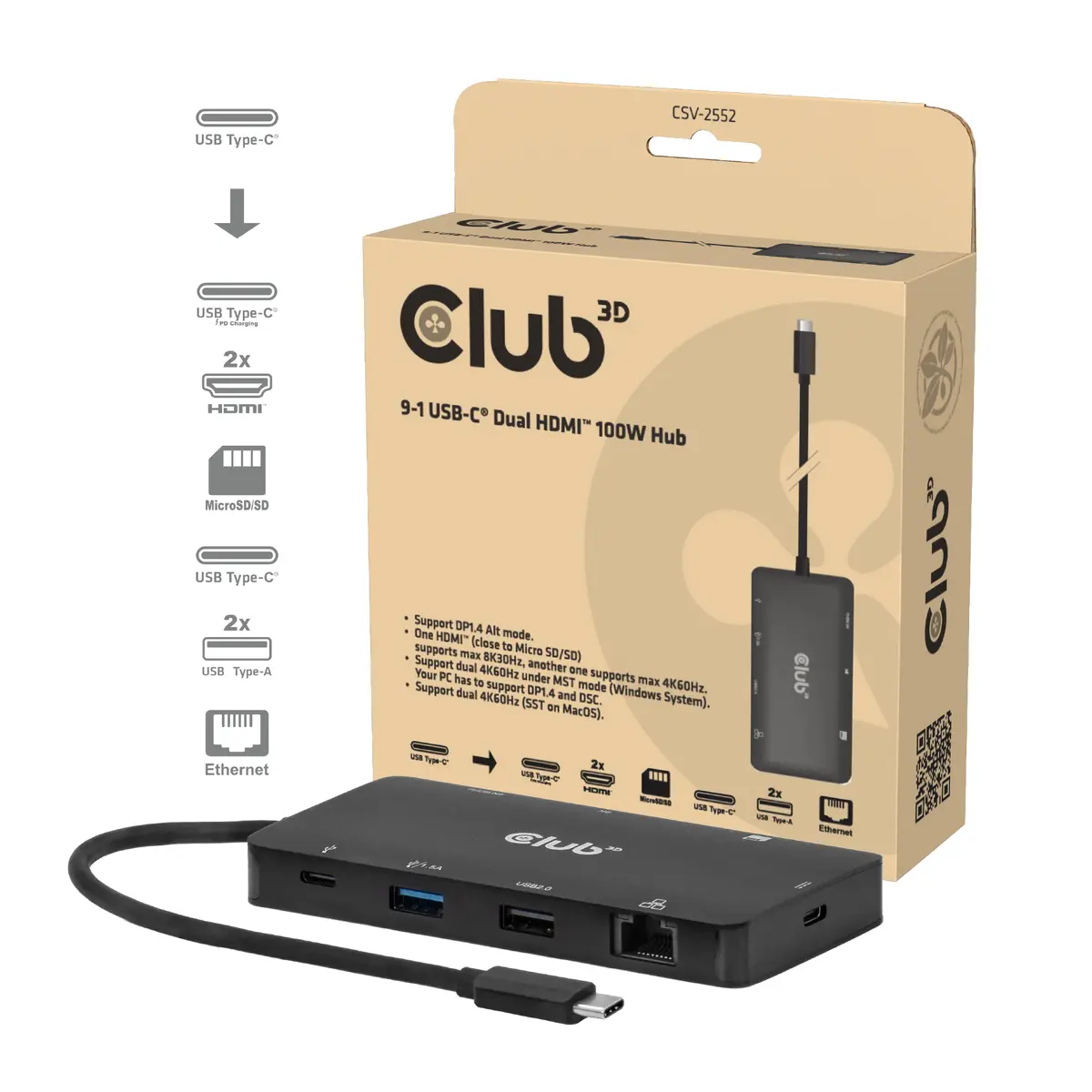 CLUB3D 9-in-1 Dual HDMI USB-C Hub