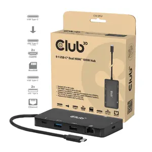 CLUB3D 9-in-1 Dual HDMI USB-C Hub ar PD3.0 100W, Gigabit Ethernet, USB 3.2 Gen 1 Type-A un Type-C pieslēgvietām, SD un MicroSD karšu lasītāju, 4K atbalstu