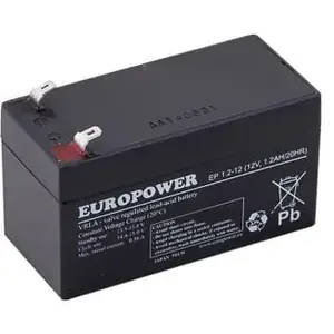 AGM akumulators europower EP series 12V 1.2Ah — noslēgts svina‑skābes, darbības laiks 6–9 gadi