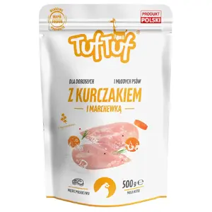 Mitrā suņu barība TufTuf Ground Chicken with Carrots 500 g — pilnvērtīga diēta pieaugušiem suņiem, olbaltumvielas 9,6%, mitrums 63%