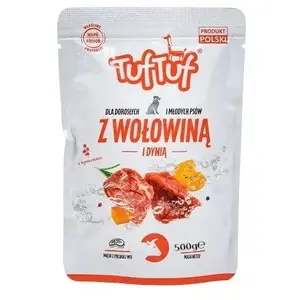Mitrs suņu barības TufTuf Beef with Pumpkin 500 g — pilnvērtīga barība pieaugušiem suņiem, olbaltums 10.7%, tauki 7.7%, mitrums 67%