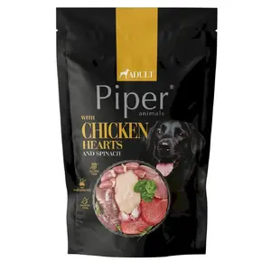 Mitrs barības produkts suņiem dolina noteci PIPER ANIMALS 500 g — vistas sirdis ar spinātiem, pilnvērtīgs pieaugušajiem, mitrums 78%, proteīns 10%