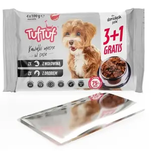 Wet dog food TufTuf TUF TUF 2x poultry + 2x beef, 4×100 g sachets, adult dogs, complete feed