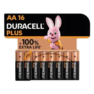 Single-use battery Duracell Plus AA alkaline 1.5 V 50 mm height 1.4 cm diameter — pack of 16