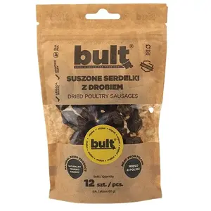 Сушёные колбаски для собак BULT 12 — угощения из птицы для дрессировки, упаковка 12 шт., 80 г, белок 41,1%, жир 32,4%