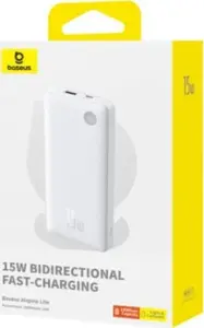 Power Bank Baseus Airpow Lite 10000mAh 15W balts — portatīvs akumulators, USB izvade