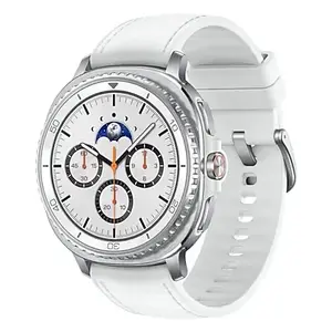 Viedpulkstenis Samsung Galaxy Watch 8 Classic 46 mm — 1.3" AMOLED, 438×438, 64 GB, Wi‑Fi, GPS, sudraba korpuss, balts siksniņa