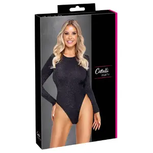 Body glitter long-sleeve thong bodysuit Cottelli Collection 26449081031 — silver glitter, backless, crotch hook, 60% polyamide