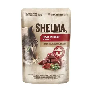 Влажный корм для кошек SHELMA Rich in beef в соусе 85 г — полноценный корм для взрослых, 10% белка, 3.5% жира, 81% влаг