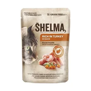 Влажный корм для кошек SHELMA с индейкой в соусе 85 г — для взрослых, без глютена, при пищевой аллергии