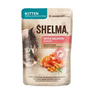 Wet cat food SHELMA Kitten with salmon in sauce, 85 g, complete feed for junior cats, protein 10%, moisture 80%