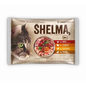 Влажный корм для кошек SHELMA мультипак 4×85 г — для взрослых, полноценный, курица, индейка, говядина, утка, без злаков