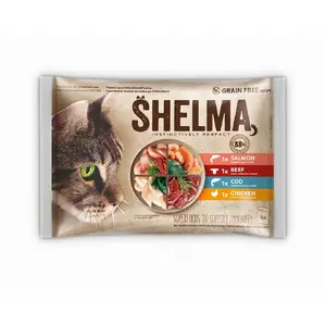 Влажный корм для кошек SHELMA пакет 4×85 г — полноценный корм для взрослых с лососем, треской, говядиной, курицей
