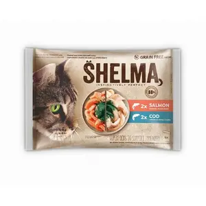 Влажный корм для кошек SHELMA с лососем и треской в соусе, 4 x 85 г пакетика, 81% влаги, 10% белка