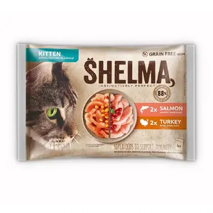 Wet cat food SHELMA Kitten Salmon & Turkey in Sauce 4×85 g pouch, grain-free, complete feed