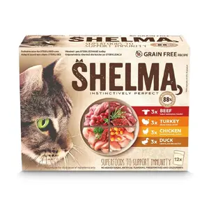 Влажный корм для кошек SHELMA — ассортимент индейка, утка, курица, говядина в соусе, 12×85 г, полноценный рацион, взрослым