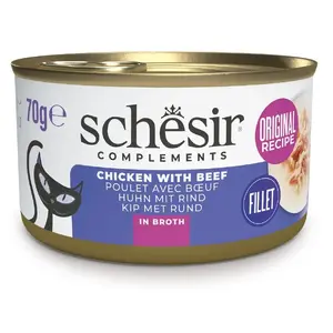 Влажный корм для кошек Agras Pet Foods SCHESIR Chicken с говядиной в бульоне 70 г — полнорационный добавочный корм для взрослых, влажность 87%, белок 10%