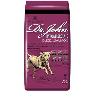 Sausais barības produkts suņiem Dr. John Hypoallergenic Duck with Salmon — pilnvērtīga barība pieaugušiem, 12,5 kg, olbaltumvielas 24%, tauki 10,5%