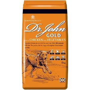 Sausais suņu barība Dr. John Gold Chicken 15 kg maisā — pieaugušiem, olbaltumvielas 20%, tauki 9%, locītavu atbalsts
