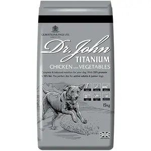 Sausā barība suņiem Dr. John Titanium Chicken 15 kg — pilnvērtīga uztura recepte pieaugušajiem, olbaltumvielas 25%, tauki 15%