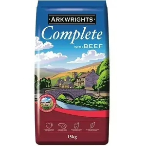 Sausais barības suns Glipa ARKWRIGHT Complete Beef 15 kg — pieaugušiem, olbaltumvielas 18%, tauki 7%, šķiedra 3%, maisā