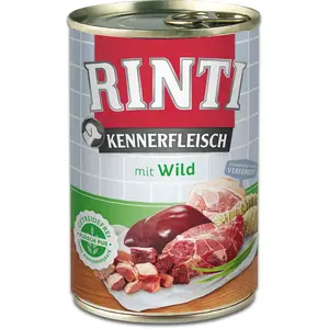 Canned dog food RINTI Kennerfleisch Game — adult dogs, 400 g, easy-open can, game flavor, no artificial colours, soy-free