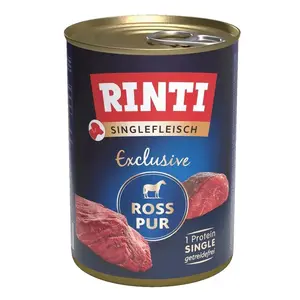 Wet dog food RINTI Singlefleisch Exclusive Horse 400 g — single-protein adult can, 80% moisture, 10% protein