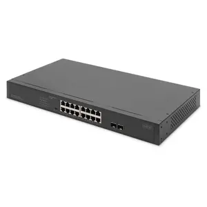 Digitus DN-95347-2 16-Port Gigabit Unmanaged Network Switch with 2 SFP Uplink Ports, Power over Ethernet PoE, and 19-Inch Rack Mount Design