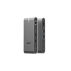 Док-станция Acer HP.DSCAB.022 — проводная USB-C (USB 3.2 Gen 1) с PD 100 Вт, 2×HDMI, гигабитный Ethernet, слот MicroSD, серебристая