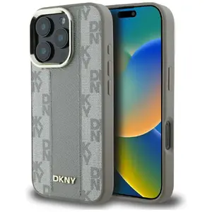 Phone case DKNY for iPhone 16 Pro — checkered pattern, MagSafe compatible, beige