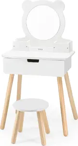 Koka tualetes galdiņš ar spoguli un krēsliņu Viga Toys 5801 — balts bērnu