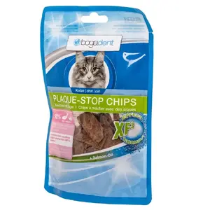 Sausās zobu gardumi kaķiem bogar Bogadent Plaque-stop Chips Fish 50 g — zivju garša, 41% olbaltumvielu, 26% tauku, bez lipekļa un sojas
