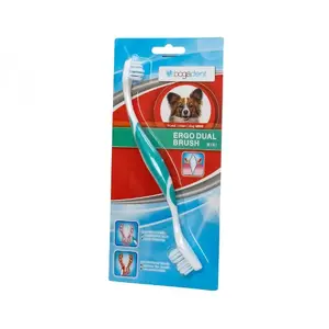 Divpusēja suņu zobu birste bogar Bogadent Ergo dual brush Mini — kompakta divgalvaina zobu birste maziem suņiem (5–10 kg, 120 g)