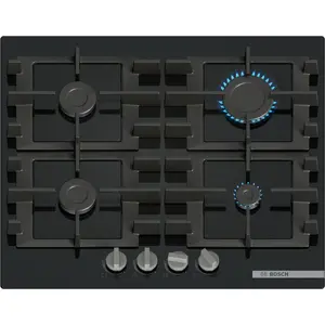 Встраиваемая газовая варочная панель Bosch Serie 4 PNP6B6K40, 60 см, 4 конфорки, закалённое стекло, чугунные решётки, поворотные регуляторы